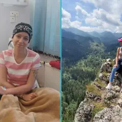 Młoda kobieta w czepku na głowie w szpitalu, a obok niej ta sama osoba ciesząca się pięknem gór. Pokazuje siłę w walce z glejakiem 4 stopnia, rokowania nie są łatwe, ale nadzieja pozostaje.