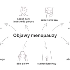 Objawy menopauzy: kołatanie serca, nocne poty, zaburzenia snu, osteoporoza, zmienność nastroju, bóle głowy, suchość pochwy, obniżone libido. Trwa ona różnie.
