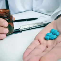 Lekarz podaje kilka niebieskich tabletek, prawdopodobnie ketoprofen, na dłoń.
