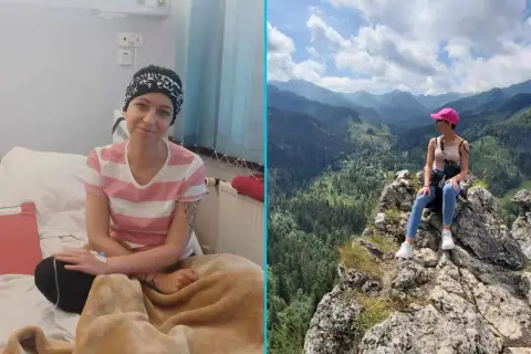 Młoda kobieta w czepku na głowie w szpitalu, a obok niej ta sama osoba ciesząca się pięknem gór. Pokazuje siłę w walce z glejakiem 4 stopnia, rokowania nie są łatwe, ale nadzieja pozostaje.