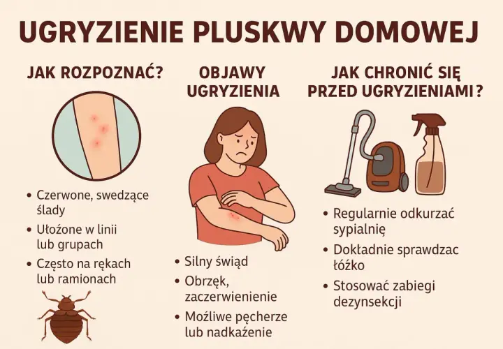 Ilustracja pokazuje ukąszenia pluskwy na skórze, objawy takie jak swędzenie i obrzęk, a także sposoby ochrony: odkurzanie i dezynsekcję.