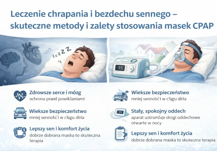 Ilustracja pokazuje leczenie bezdechu sennego za pomocą maski CPAP. Po lewej mężczyzna śpi z otwartymi ustami, po prawej śpi z maską CPAP.