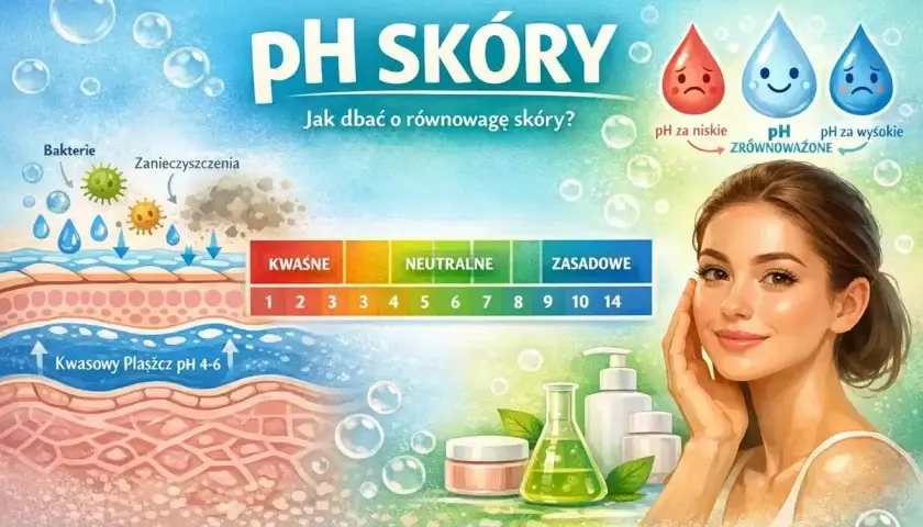 Ilustracja pokazuje warstwy skóry, bakterie, zanieczyszczenia i skalę pH. Prawidłowe pH skóry, wspierane przez naturalny sebum, jest kluczowe dla jej zdrowia.