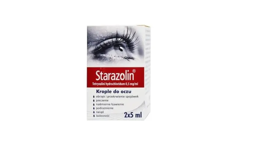 Opakowanie kropli do oczu Starazolin, które pomagają na objawy alergii, takie jak pieczenie, łzawienie i podrażnienie.