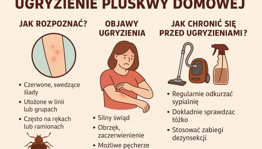Ilustracja pokazuje ukąszenia pluskwy na skórze, objawy takie jak swędzenie i obrzęk, a także sposoby ochrony: odkurzanie i dezynsekcję.