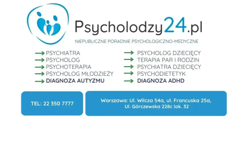 Logo i lista usług poradni psychologiczno-medycznej Psycholodzy24.pl w Warszawie.