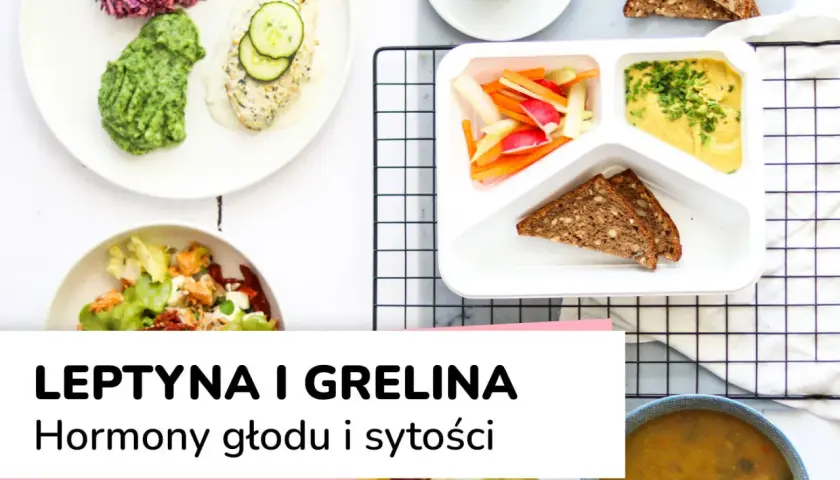 Zdrowe posiłki, kawa i chleb. Tekst o hormonach głodu i sytości, w tym leptyna, sugeruje dietę.