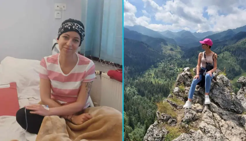Młoda kobieta w czepku na głowie w szpitalu, a obok niej ta sama osoba ciesząca się pięknem gór. Pokazuje siłę w walce z glejakiem 4 stopnia, rokowania nie są łatwe, ale nadzieja pozostaje.
