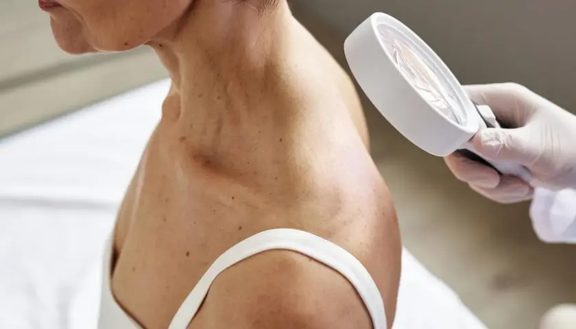 Dermatolog ogląda skórę szyi i ramienia pacjentki przez lupę.