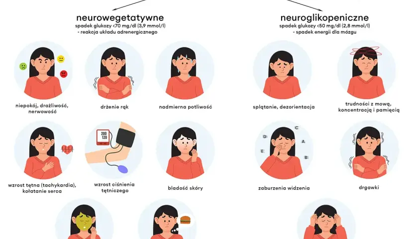 Ilustracja pokazuje objawy hipoglikemii: niepokój, drżenie rąk, poty, nudności, bladość skóry, splątanie, trudności z mową, zaburzenia widzenia, drgawki, utratę przytomności.