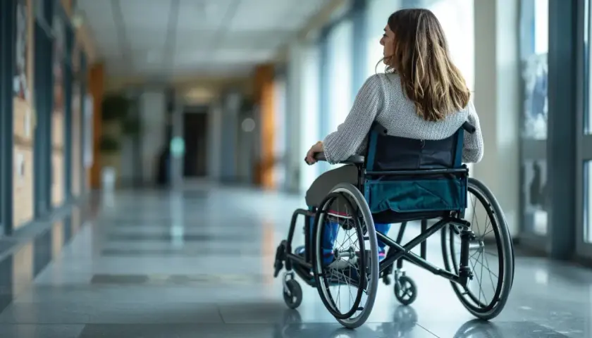 Dziewczyna na wózku inwalidzkim, zmagająca się z ataksją, porusza się korytarzem.