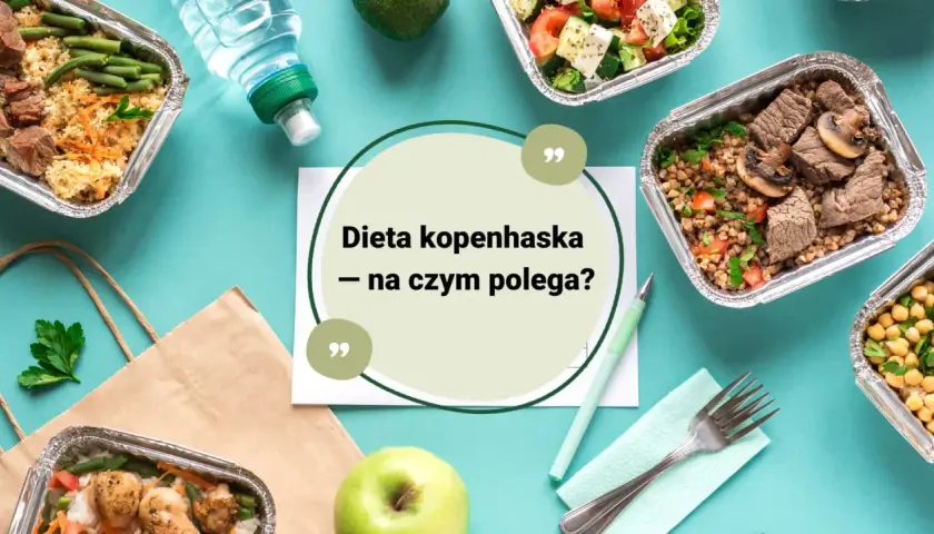 Dieta kopenhaska – na czym polega? Pudełka z jedzeniem, jabłko i butelka wody sugerują zdrowy styl życia.