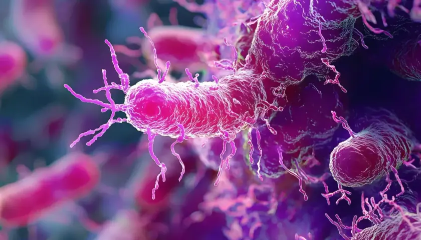 Mikroskopijny obraz bakterii Listeria monocytogenes, czynnika wywołującego listeriozę. Mają pałeczkowaty kształt i liczne wici.