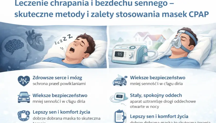 Ilustracja pokazuje leczenie bezdechu sennego za pomocą maski CPAP. Po lewej mężczyzna śpi z otwartymi ustami, po prawej śpi z maską CPAP.