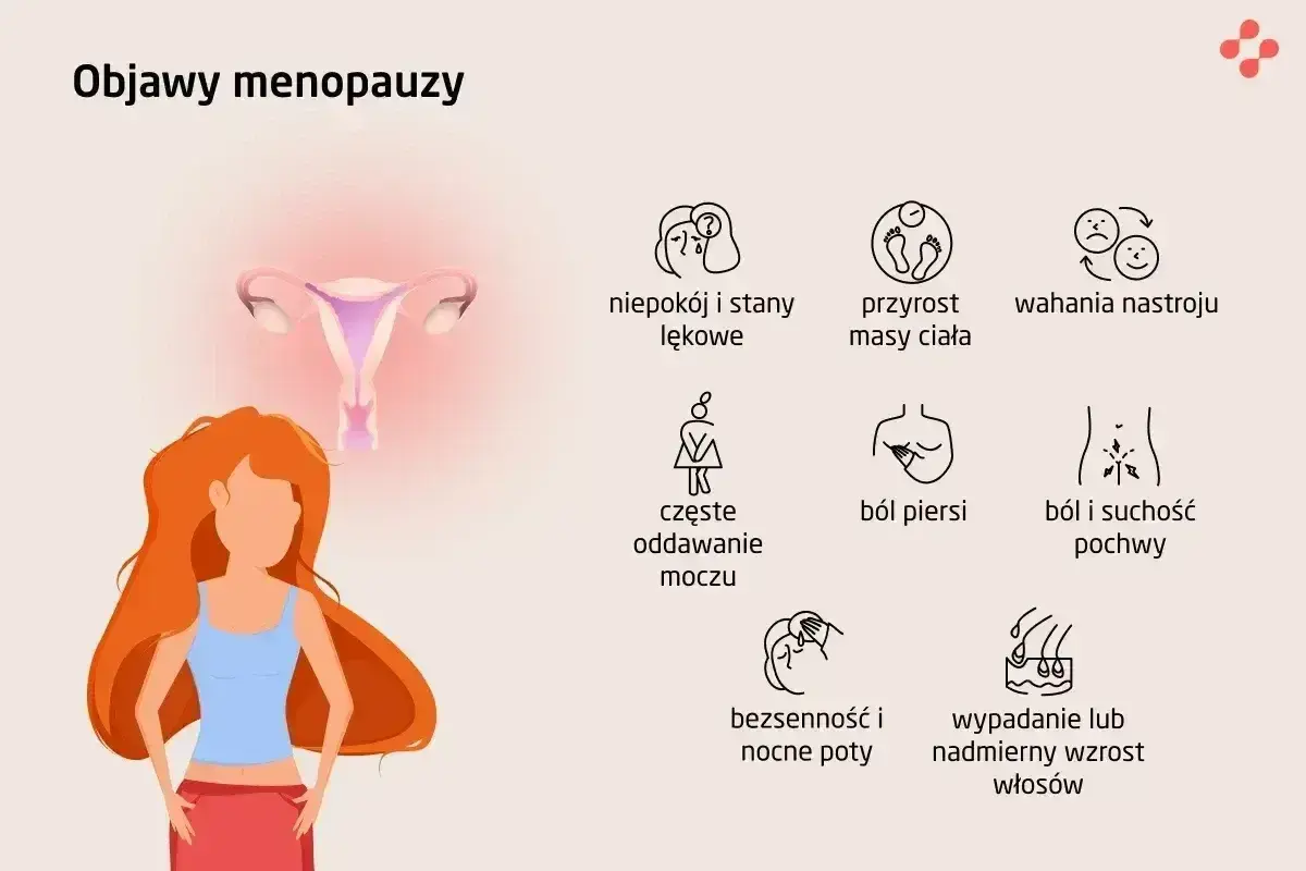 Objawy menopauzy: niepokój, przyrost masy ciała, wahania nastroju, ból piersi, suchość pochwy, bezsenność, wypadanie włosów. HTZ co to?