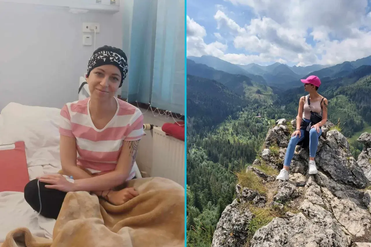 Młoda kobieta w czepku na głowie w szpitalu, a obok niej ta sama osoba ciesząca się pięknem gór. Pokazuje siłę w walce z glejakiem 4 stopnia, rokowania nie są łatwe, ale nadzieja pozostaje.