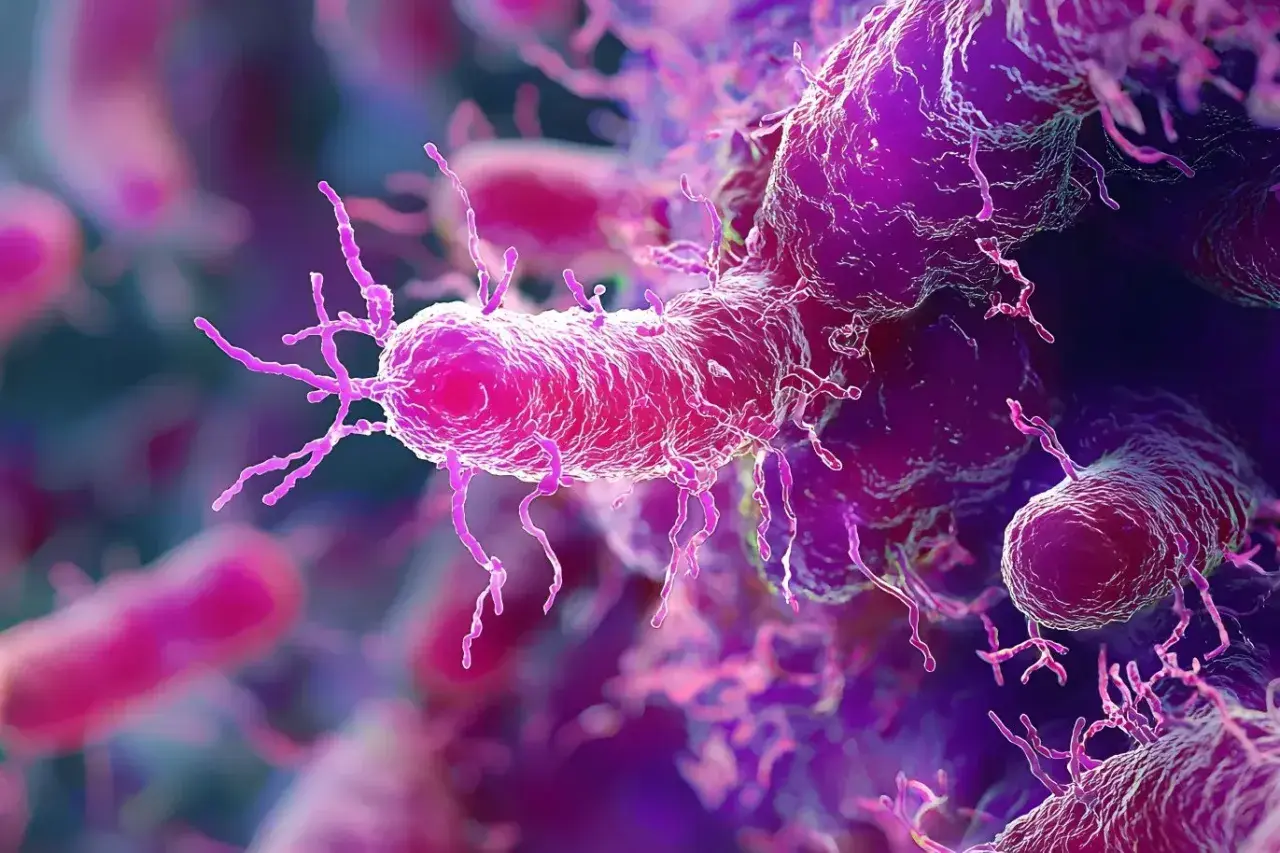 Mikroskopijny obraz bakterii Listeria monocytogenes, czynnika wywołującego listeriozę. Mają pałeczkowaty kształt i liczne wici.