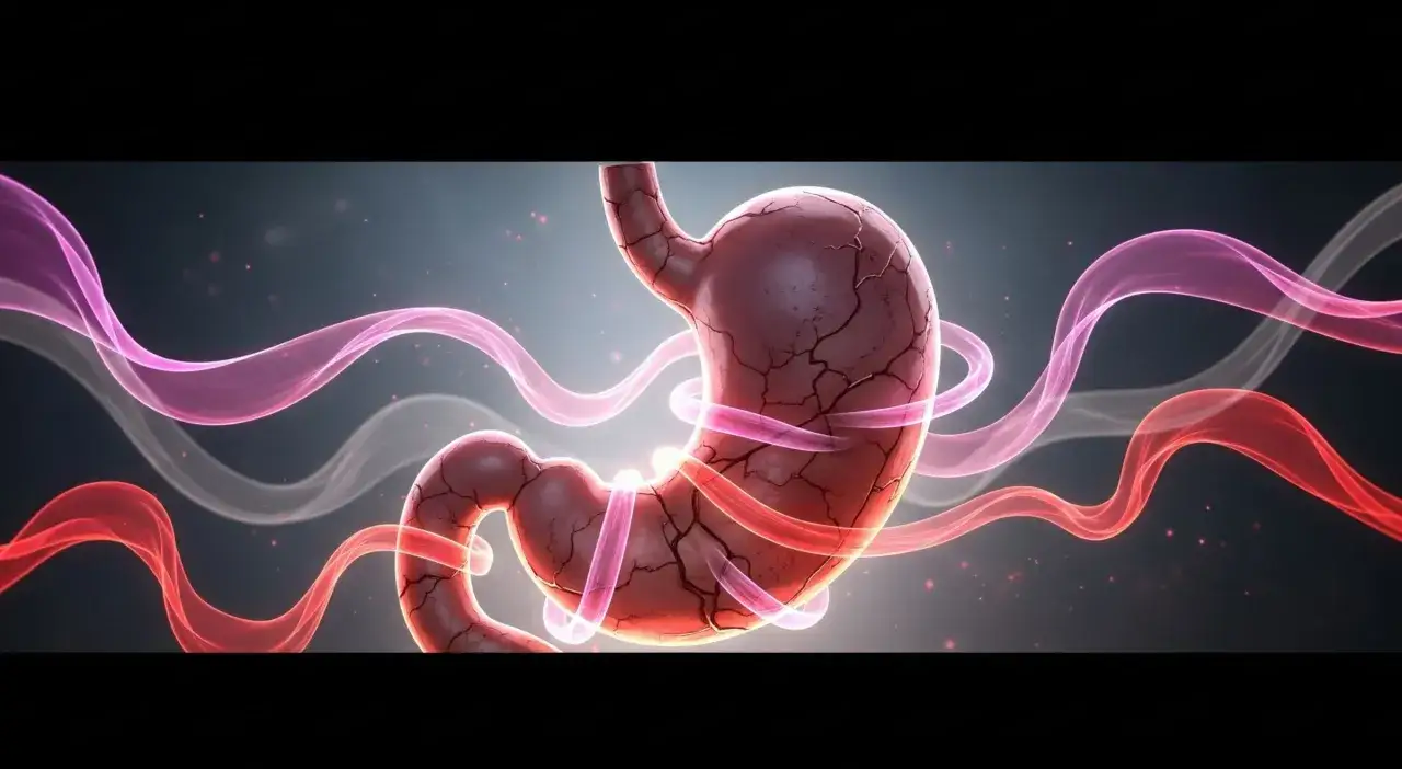 Brzuch z widocznymi pęknięciami, otoczony falami w kolorach różu i czerwieni. Wizualizacja bólu i objawów, jak wygląda brzuch przy endometriozie.