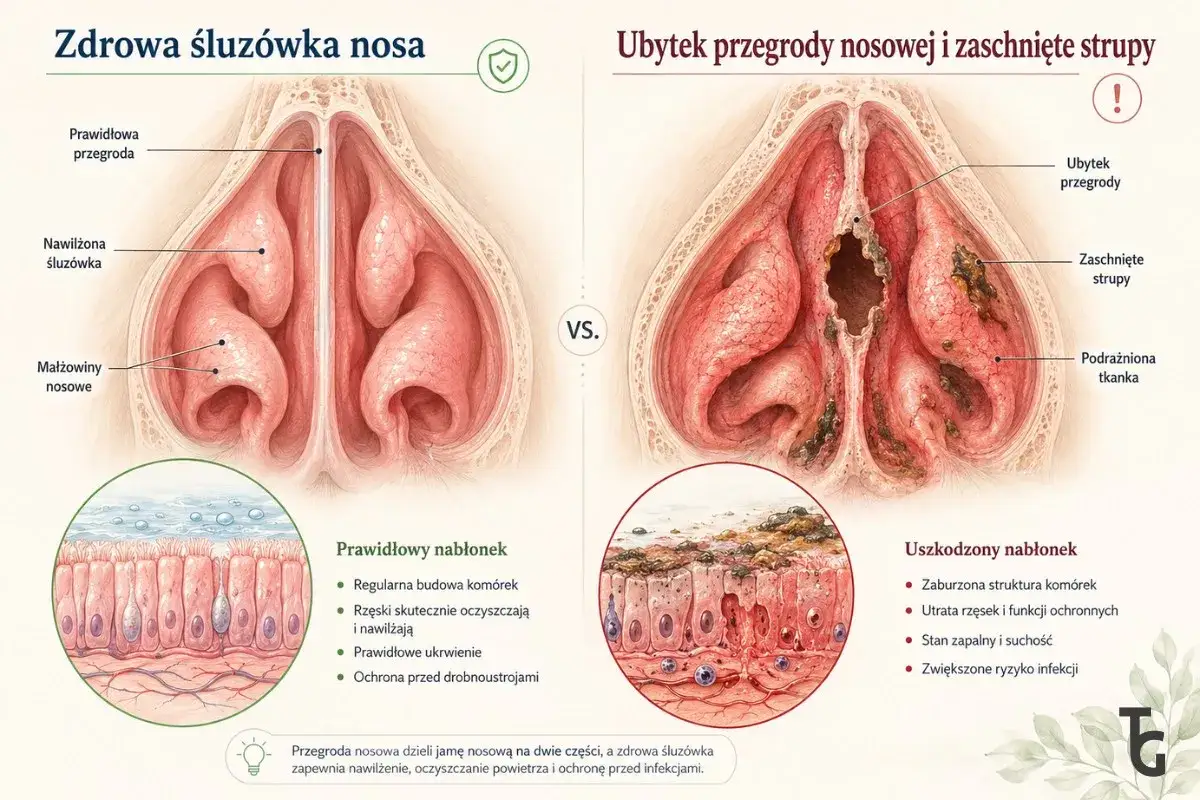 Porównanie zdrowej śluzówki nosa z ubytkiem przegrody i zaschniętymi strupami, ilustrujące skutki przewlekłego nieżytu nosa.